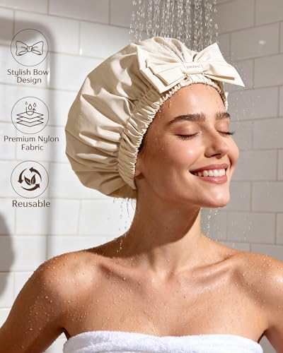 Yanibest Shower Cap Reusable Waterproof, Wide Elastic Band Bath Cap - Comfortable & Durable Bath Hair Hat for Women - color: Beige