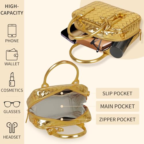 Women's Handmade Woven Top-handle Bag Fashion Leather Shoulder Handbag Crossbody Purse Woven Purse for Women - color: Gold
