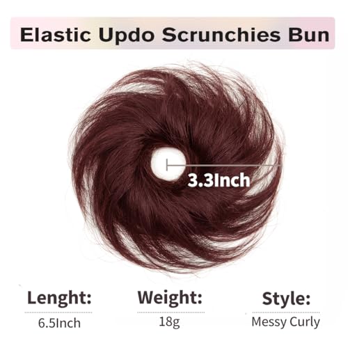 Burgundy Hair Bun, Messy Bun Hair Piece, Soft Fluffy Elastic Scrunchie, 30s Easy Updo for Women & Kids, Ideal for Daily Wear, Ballet, Dance & Office Use - color: Burgundy, size: 4 Inch