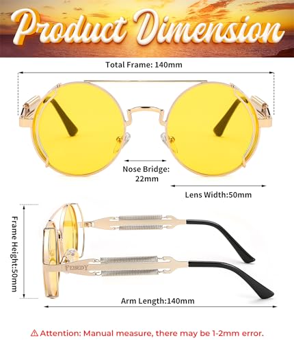 FEISEDY Aviator Sunglasses for Men Women, Retro Steampunk Gothic Round Metal Frame Hippie Glasses B2351 - color: Gold Frame Yellow Lens