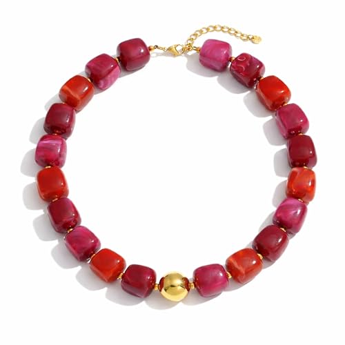 Mchic Colorful Beaded Choker Necklace for Women: Boho Large Square Acrylic Beaded Necklace Stainless Steel Adjustable Surfer Beach Strand Necklaces Summer Handmade Jewelry Gift for Women - color: Mix Red