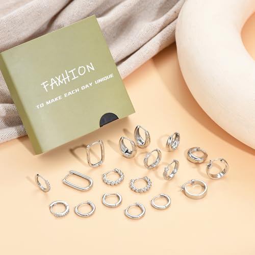 9 Pairs Small Gold/Silver Hoop Huggie Earrings Set for Women, 14K Gold Plated Chunky Hoop Small Earring Hypoallergenic Thick Open Lightweight Chunky Hoop Earrings Jewelry for Gifts - color: silver-standard