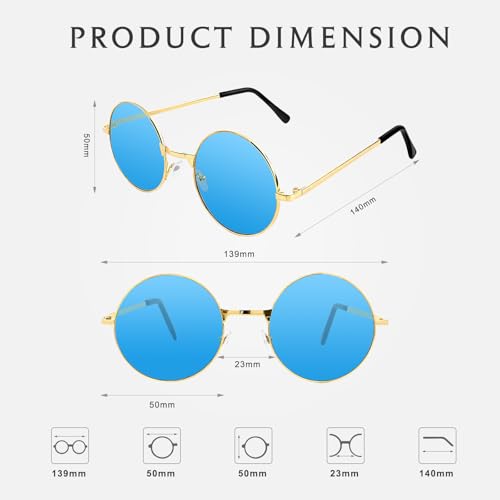 NACHLYNN Round Hippie Sunglasses Metal Border Circle Hippie Glasses UV380 Protection 70s Sunglasses for Men Women Party Favor - color: Blue