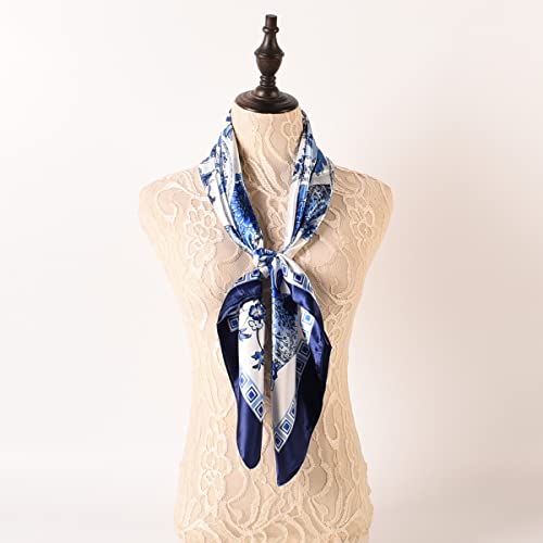 35 x 35 Women's Fashion Pattern Large Square Silk Like Hair Scarf Head Sleeping Wrap Satin Neck Bandana for Gift… - color: Blue and White Porcelain-navy Blue