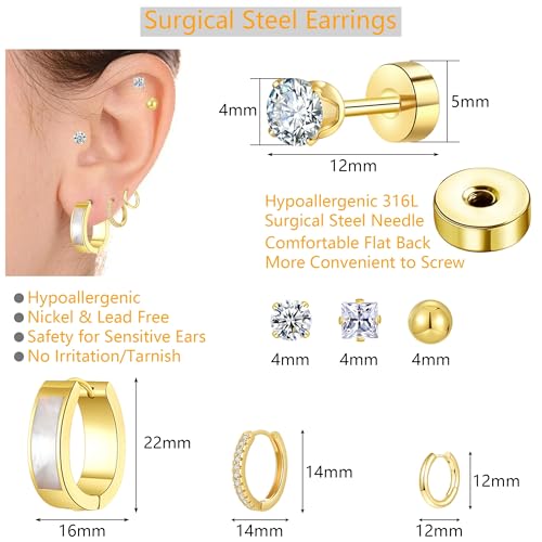 Silver Gold Plated Surgical Steel Flat Back Earrings for Women Hypoallergenic 14K Gold Plated Stud Huggie Earring Set Fashion Shell Cubic Zirconia Flatback Studs Cartilage Earrings Pack for Multiple Piercing 5/8Pairs - color: 6 Pairs Gold Plated Shell Wat
