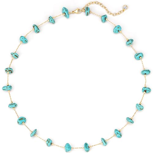 Created Turquoise Necklace for Women 14K Gold Plated Beaded Heart Choker Boho Necklaces Handmade Beach Summer Everyday Western Jewelry Gifts - color: Gold Chain, style: Irregular