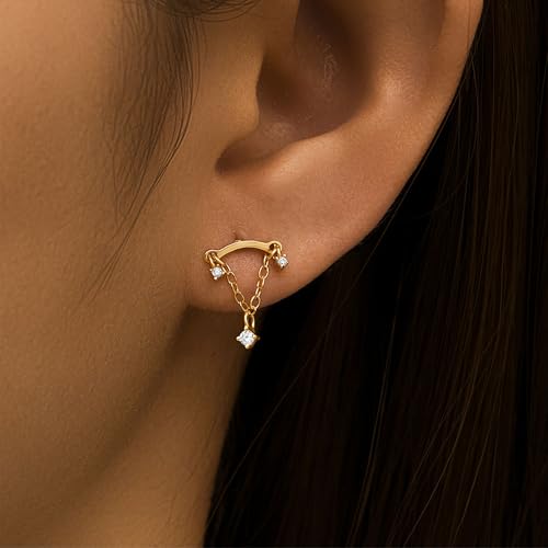Hidden Helix Earrings Dangle Rhinestone Helix Earrings Threadless Flat Back Earrings Hypoallergenic Cartilage Earring Hidden Helix Piercing Jewelry - color: gold