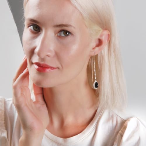 Simulated Druzy Threader Earrings for Women - Gold, Silver, or Rose Gold Tone Long Chain Earrings with Boho Created Geode Stone - color: Silver - Black Stone