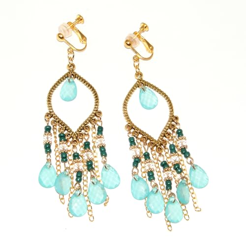 Clip on Tassel Dangle Earrings for Boho Women, Non Pierced, Colorful Feather Handmade Beads Fashion Vintage Fringe Jewelry for Parties Weddings Festivals Trendy Statement Earrings for Bohemian - color: Green B