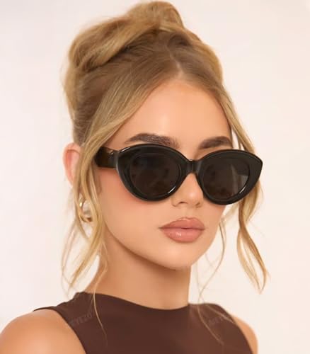 AIEYEZO Oversized Cat Eye Sunglasses for Women Cute Oval Thick Frame Cateye Sun Glasses Chic Retro Style Shades - color: 2 Set (Black + Olive Green)