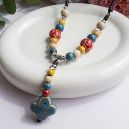 Adjustable Ceramic Beaded Necklace for Women, Boho Handmade Flower Pendant Necklace, Hippie Jewelry for Mom and Wife - color: Blue-Yellow-Red, style: Bohemian