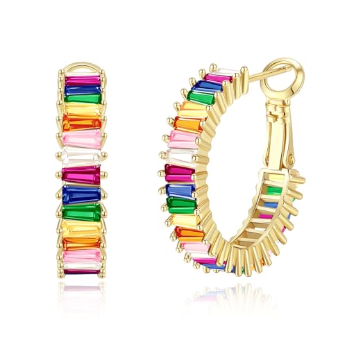 Trendy 14K Gold Plated Hoop Earrings for Women, Chunky Gold/Silver Earrings for Women Cubic Zirconia Baguette Hoop Earrings Heart Hoops Lightweight Hypoallergenic Jewelry,25mm/35mm/40mm/50mm - color: 01 Gold Rainbow Hoops 25mm
