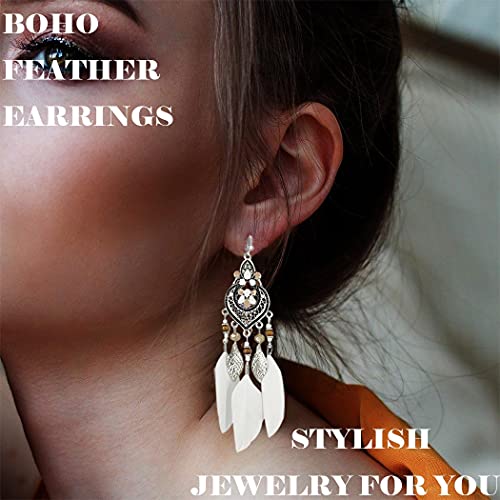Bohemian Earrings Feather Tassel Silver Ethnic Retro Boho Dangle Earring Bead Women Jewelry for Birthday Party Gifts (White) - color: White