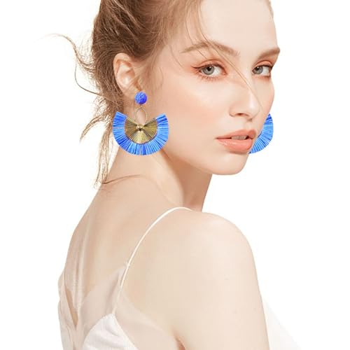 Anmpab Straw Fan Bohemian Tassel Earrings for Women Trendy Colorful Fringe Summer Beach Statement Earrings - color: Blue