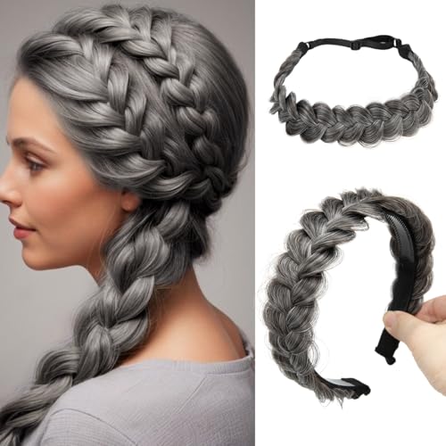 CJL HAIR 2PCs Braided Headbands Hair Piece for Women Synthetic Hair Hoops Head Bands Handmade Braid Hairband Accessories Elastic Stretch Headwrap Pepper Grey - color: 2PCS-Pepper Grey