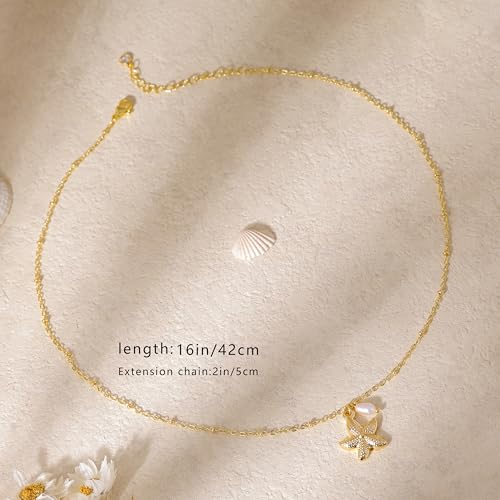 Ewrkbr Gold Necklace for Women,14K Gold Plated Shell Starfish Beach Necklaces Cute Boho Pendant Necklace Fashion Summer Waterproof Pearl Jewelry for Women - color: NK-star