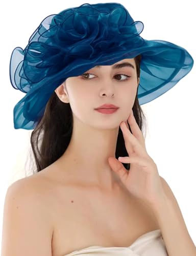Women's Kentucky Derby Church Dress Hat Wide Brim Leaf Flower Bridal Shower Hat - color: G1-navyblue