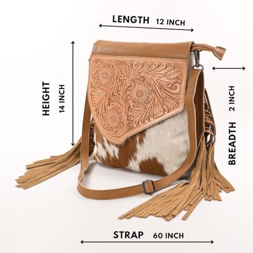 Merbaa Sunset Star Crossbody Bag - Real Cowhide Hairon Women's Handbag with Leather Fringes - color: Tan