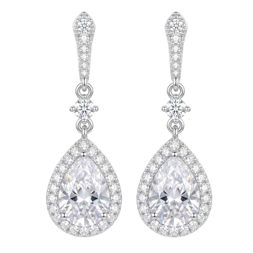 SWEETV Cubic Zirconia Dangle Earrings for Women, Teardrop Bridal Earrings for Wedding, Brides, Bridesmaids, Pear Shaped Drop Earrings for Women Prom Formal Party, Silver - color: Silver-Style4