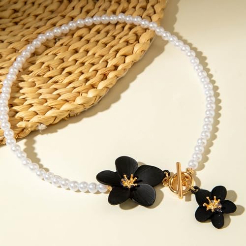 WCRAZYE Gold Flower Earrings Necklace Set for Women Boho Summer Daisy Floral Statement Earrings Brides Wedding Guest Dresses Jewelry - color: Black B