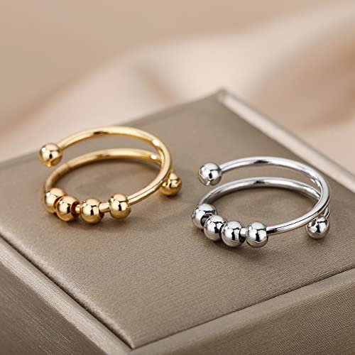 Razered Anxiety Balls Beads Rings for Women Open Adjustable Finger Ring Stainless Steel Rotating Freely Anti Stress Jewelry - color: gold plated