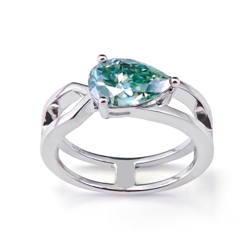 Moissanite Ring for Women, 1.5ct Blue Green Pear Shaped Teardrop Moissanite Colored Ring, 18K Gold Plated Sterling Silver, Statement Cocktail Rings for Women, Birthday Anniversary Jewelry Gift - color: Silver