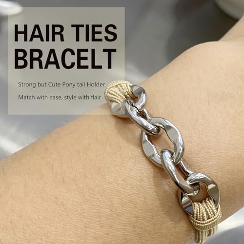 Hair Tie Bracelets for Women, 3Pcs Cute Elastic Hair Ties Ponytail Holders with Silver Jewelry Strenchy Bronde Scrunchies Hair Ties No Damage For Girls Womens Gifts (Khaqi with Silver) - color: Khaqi -04