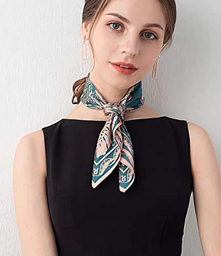 ANDANTINO 100% Mulberry Silk Scarf -21” Square Neckerchief with Gift Packed - color: 1-blue&pink Leaves
