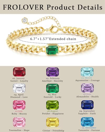 Birthstone Gold Bracelets for Women Non Tarnish Trendy 14k Gold Plated Bracelet Dainty Charm Emerald Bracelets Stack Cuban Link Friendship Bracelets Jewelry Gifts for Birthday/Valentine's Day - color: 05. May(Emerald)
