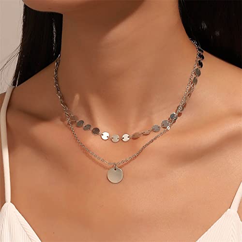 Boho Layered Sequin Coin Silver Choker Necklace Chain Vintage Disc Pendant Necklace Tiny Sequin Choker Layered Rock Statement Sequin Necklace Jewelry for Women