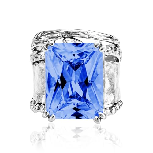 JEAN RACHEL JEWELRY 925 Sterling Silver Ring - Hammered Vintage Design with Octagon Shaped Cubic Zirconia - Hypoallergenic, Lead & Nickel Free - Artisan Handcrafted Statement Rings for Women - color: Tanzanite CZ