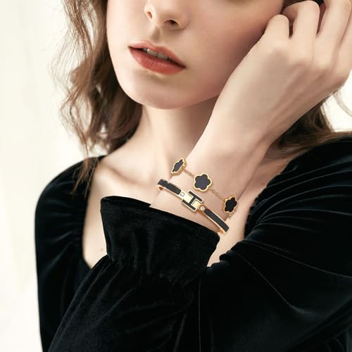 H Bangle & Clover Bracelet for Women - Stainless Steel Fashion Jewelry - 18K Gold Plated H Bangle and Lucky Five Leaf Clover Bracelet - Elegant Bracelets Set - Gift for Women - color: Gold-Black Set