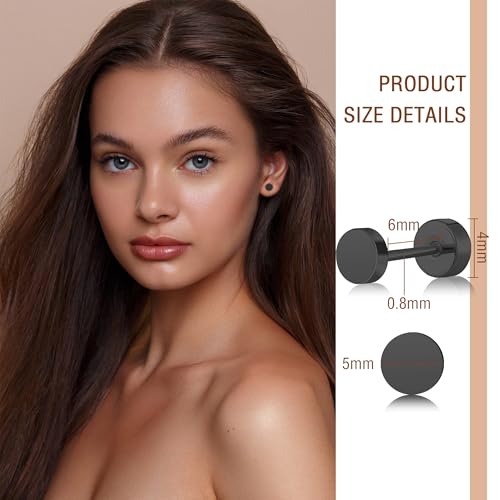 ZDE Women Earrings Flat Back Dot Earrings Titanium Hypoallergenic Cartilage Non-Nickel Earrings Studs for Sensitive Ears Simple Classic 3mm/4mm/5mm/6mm Screw On Stud Earring - color: Black, size: 5MM
