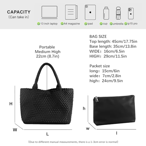 Woven Tote Bag Womens Purse Vegan Leather Shoulder Handbags Fashion Summer Beach Tote Bags Large Travel Totes - color: Black