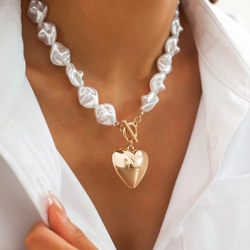 Statement Chunky Gold Heart Pendant Necklace for Women Trendy Boho Baroque Pearl Chain Choker Big Silver Love OT Buckle Necklaces Party Prom Jewelry Gift - color: Gold