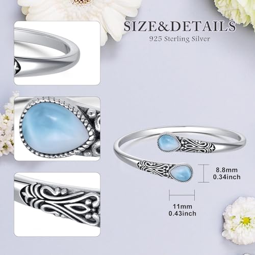 925 Sterling Silver Genuine Gemstone Bracelet for Women Men Handmade Adjustable Boho Navajo Style Bangle Cuff Natural Stone Jewelry Gift - color: Larimar