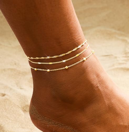 2/3 PCS Gold Anklets for Women Waterproof Cuban Link Anklet Beaded Bracelets Stackable Bracelets 14K Gold Plated Custom Jewelry Gifts Non Tarnish Lightweight - style: Gold Anklet 08