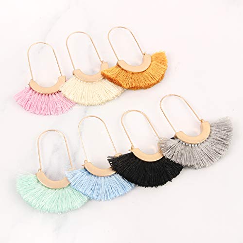 Bohemian Silky Thread Tassel Strand Fringe Statement Hoop Earrings - Lightweight Semi Circle Fan Threader, Mermaid Hoops - color: Fan Tassel Threader - Mustard
