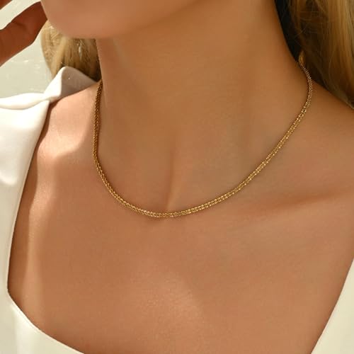 NONAMOIS Gold Chain Necklace for Women Dainty 18K Gold Plated Thin Satellite Beaded Turquoise Necklace Simple Layered Boho Jewelry Christmas Gifts - color: Shiny Rope-Gold