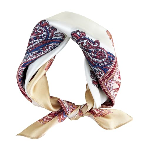 Women's Small 21 inch 100% Silk Scarf Bandana for Head Neck Hair | 100% Mulberry Silk Lightweight Designs Gift-Ready Packaging For Hair Fashion 21"x21" Printed - color: 109beige