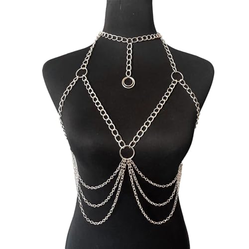 Summer Beach Metal Link Chain Bra Body Jewelry Sexy Multi-layered Crossover Harness Chest Chain Festival Bikini Waist Chain Body Jewelry for Women - color: Silver