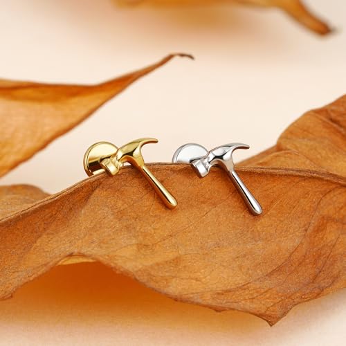 FINE4U 1PC ASTM F136 Titanium Internally Threaded Piercing Jewelry Stud 16G 6mm 8mm for Helix, Tragus, Conch, Flat - color: Hammer - Gold
