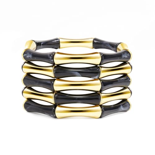 Gold Tube Bangle Bracelets for Women Stackable Bamboo Chunky Acrylic Beads Stretch Friendship Summer Beach Bracelet Jewelry - color: Black