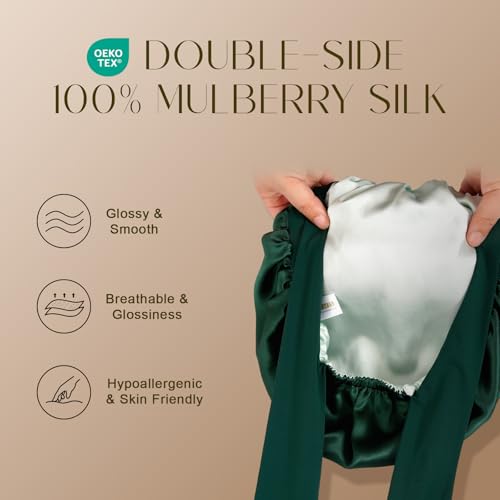 ZIMASILK 100% Mulberry Silk Bonnet for Sleeping Women Long Hair Double Layer Silk Hair Wrap with Tie Band Stay On Head (1Pc, Blackish Green) - color: Blackish Green