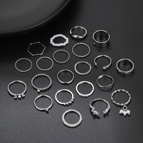 22 Pcs Gold Vintage Knuckle Rings Set for Women,Stackable Boho Finger Rings Hollow Out Design Adjustable Ring Pack for Women - color: Silver