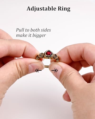 14K Gold Plated Heart Ring - Vintage Red Gemstone Ring for Women, Adjustable Garnet Birthstone Jewelry with Floral Detailing for Christmas and Valentine's Day Gifts