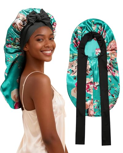 AWAYTR Long Satin Bonnet for Braids - Elastic Silk Hair Bonnets for Sleeping Night Cap Stretchy Tie Band for Women（Flower A） - color: Flower A