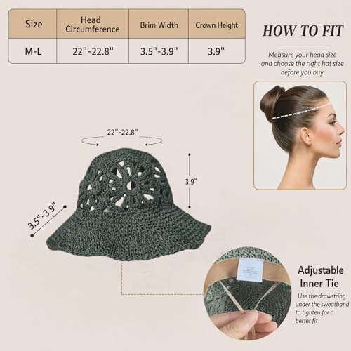 Handmade Women's Crochet Straw Bucket Hat Packable Daisy Beach Cap | Adjustable Inner Drawstring, Airy Lightweight Paper Fiber, Face Shade, Easy Storage, Feminine Openwork Floral Style - color: Green