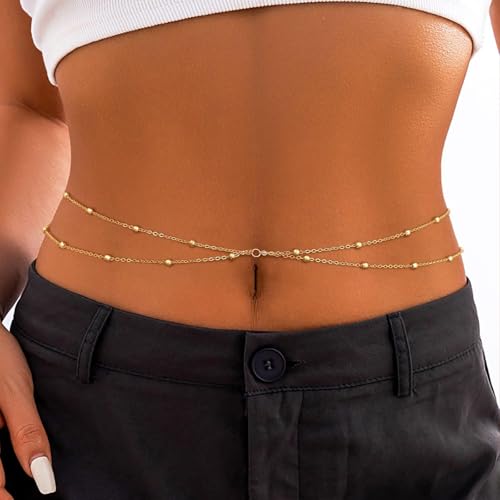 YBO Waist Chain 18K Gold Plated Body Jewelry for Women Adjustable Bikini Belly Belt Sexy Waist Beads Summer Beach - style: Double Beads-G