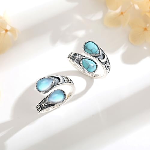 Vito 925 Sterling Silver Adjustable Open Spoon Ring for Women Men, Lotus Sunflower Snake Spoon Band Rings Feather Hug Witches Knot Inspirational Jewelry Gift for Wife - style: Lotus Moonstone
